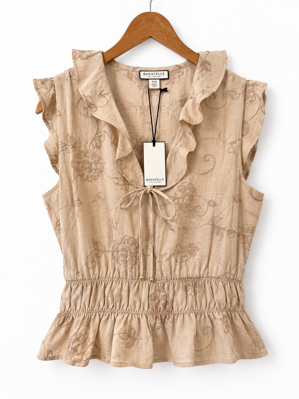 Bagatelle Beige Embroidered Floral Ruffle Peplum Top NWT Size M